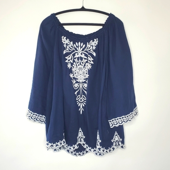 Charter Club 100% Linen Top Size 2X Embroidered Flowy Loose Kimono Sleeve Blouse - Picture 11 of 12